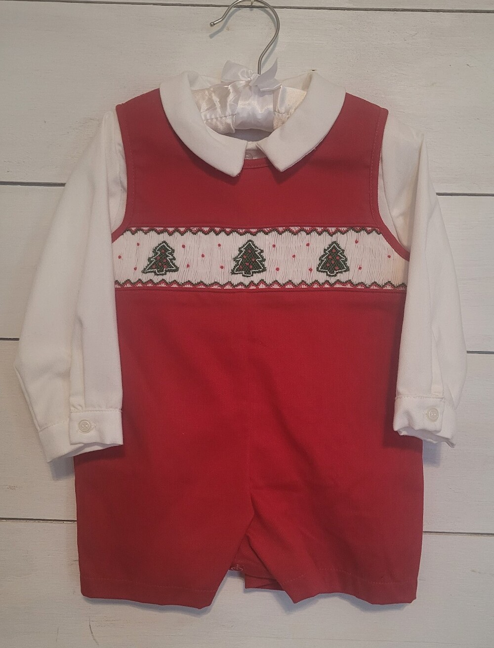 Edgehill Collection Christmas Trees Smocked Shortalls Set Baby Boy
